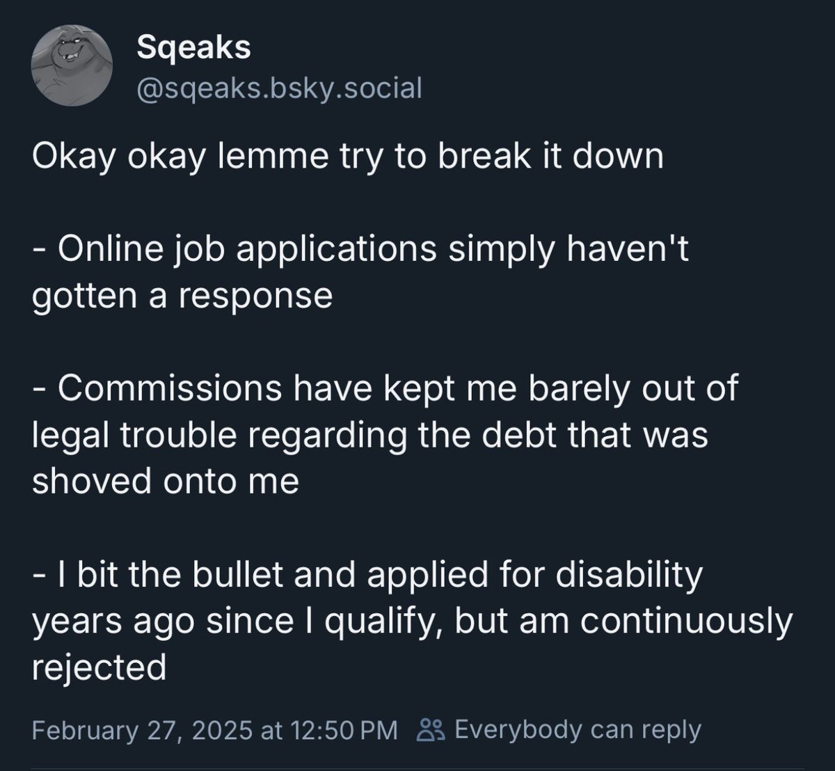 CryptidPunk's tweet image. Sqeaks (aka @Fat_Bully) is in a tough spot and could really use some help right now!! Please go support him in any way you can, whether it’s through commissions, patreon, or gofundme, and please spread this around! Anything counts and is greatly appreciated!! 🙏💖