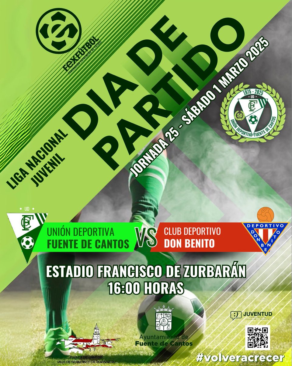 #JUVENILES

🥳Tras el desfile de carnaval!! Hay FÚTBOL!! ⚽️

💚 A por todas chicos!

⚔️ Liga Nacional Jornada 25
🆚 CD Don Benito
🕢 Sábado 1 marzo 2025 - 16:00H
🏟️ Francisco de Zurbarán

#VolverACrecer
#CanteraVerde