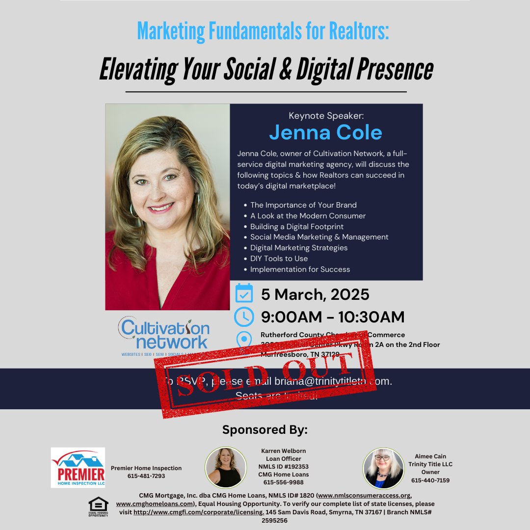 cultivationnk's tweet image. SOLD OUT!  Jenna will be presenting “Marketing Fundamentals for Realtors: Elevating Your Social &amp;amp; Digital Presence” next week.  Interested in having Jenna speak at your event? Now Booking!
#cultivationnetwork #digitalmarketingcourse #socialmediacourse #marketing
