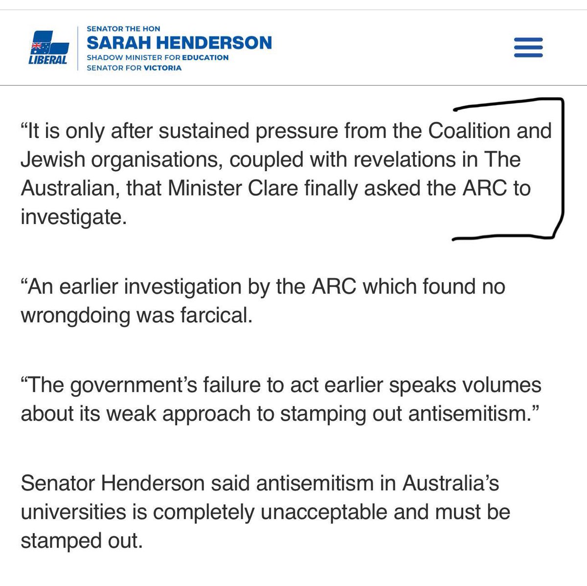 Senator Sarah Henderson practically bragging that the investigation into <a href="/RandaAFattah/">Randa Abdel-Fattah</a>’s Future Fellowship was a result of targeted political pressure coordinated at the highest levels of media and government.

There is an unprecedented crackdown in Australia against students,