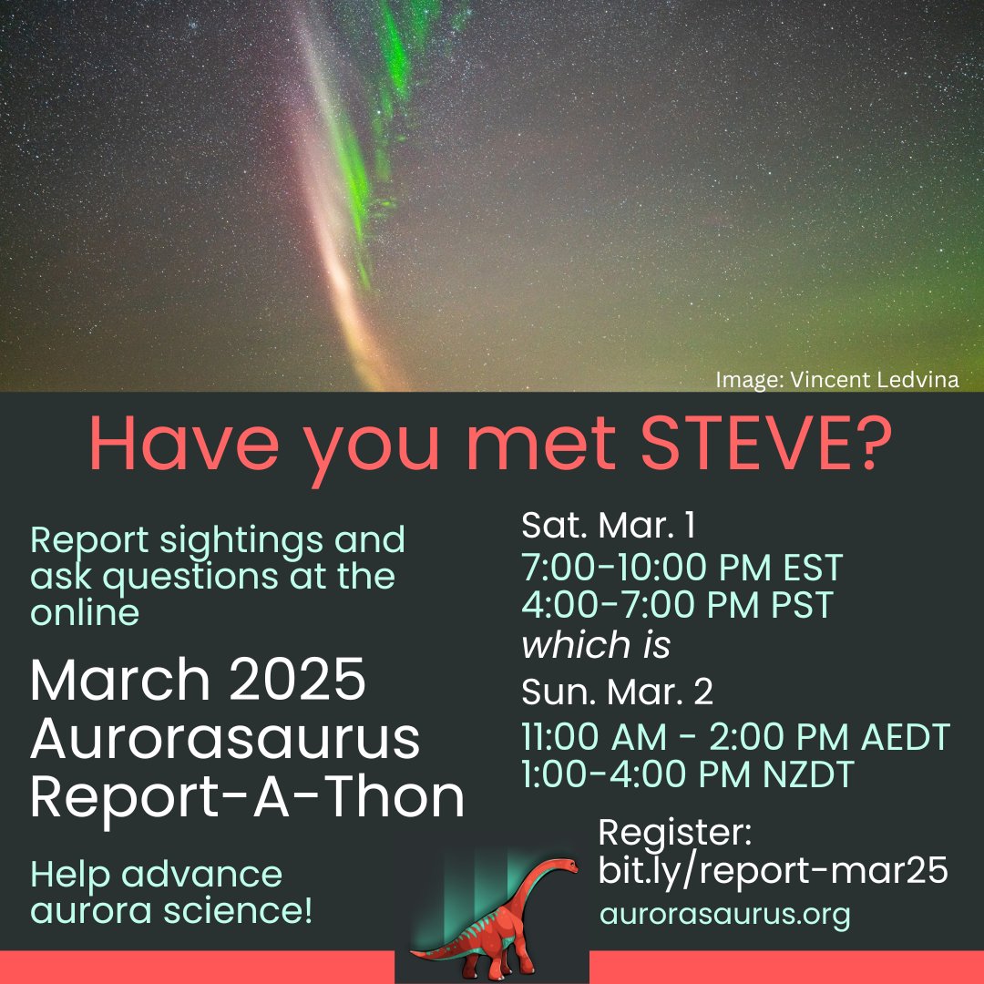 This weekend: join us for the semiannual online Aurorasaurus Report-A-Thon on March 1 (March 2 Down Under!) Bring photos, help gather data for aurora science, ask questions to experts, and hang out with other aurora lovers. There will be prizes! Register: bit.ly/report-mar25