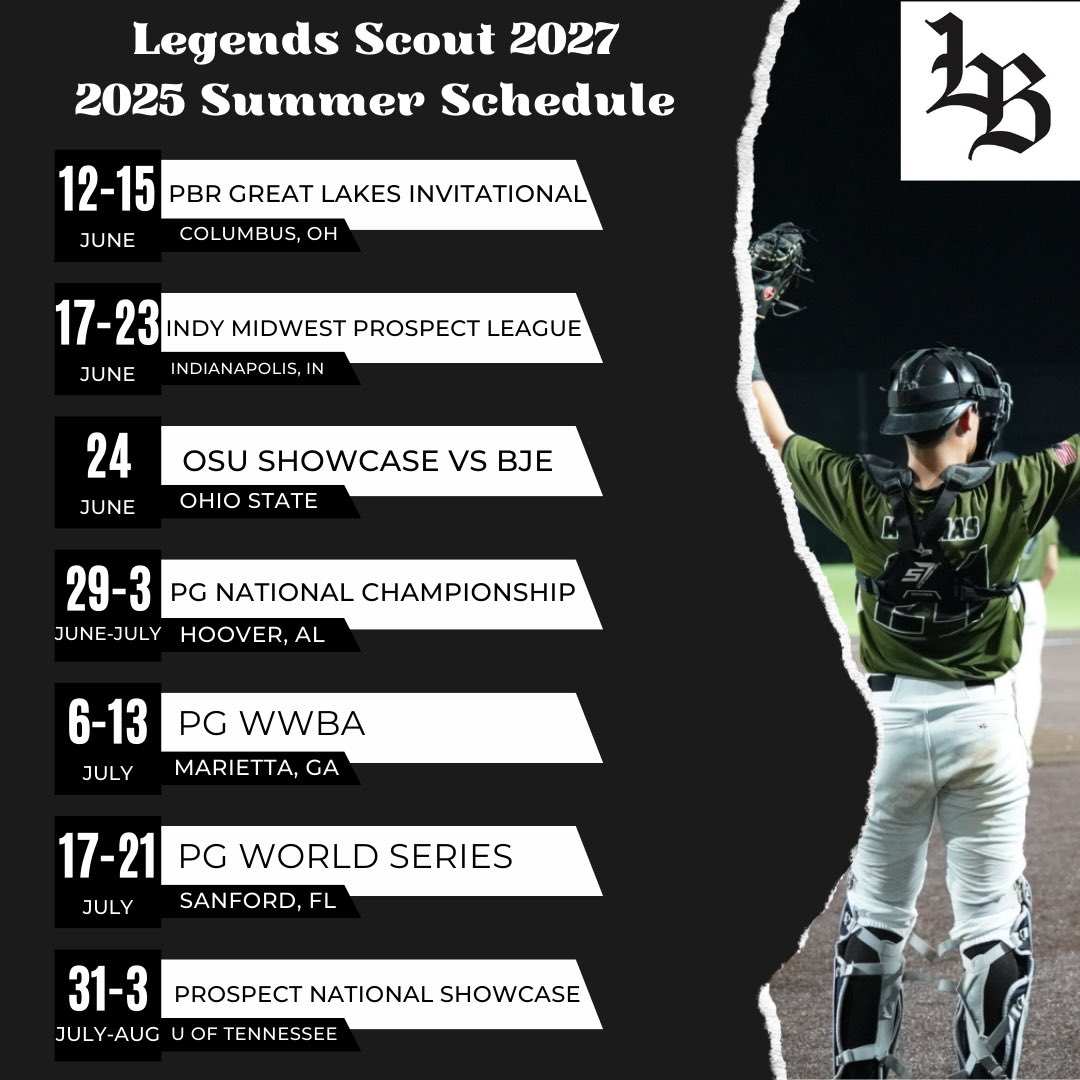 Here is the updated schedule for the Legends Scout 2027. We are so excited for this upcoming season, and we expect our guys to make a lot of noise. See you in a couple of months, Legends family!
