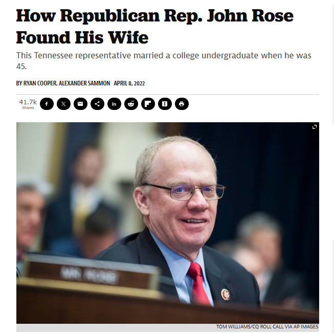 MatHelman's tweet image. Kudos to actual groomer and Republican Congressman John Rose for providing everyone with another opportunity to point out that he groomed his wife starting when he was in his 40's and she was 17.

prospect.org/politics/how-r…

#TNGov #TN06 #Tennessee @RepJohnRose @JohnRoseforTN @tndp