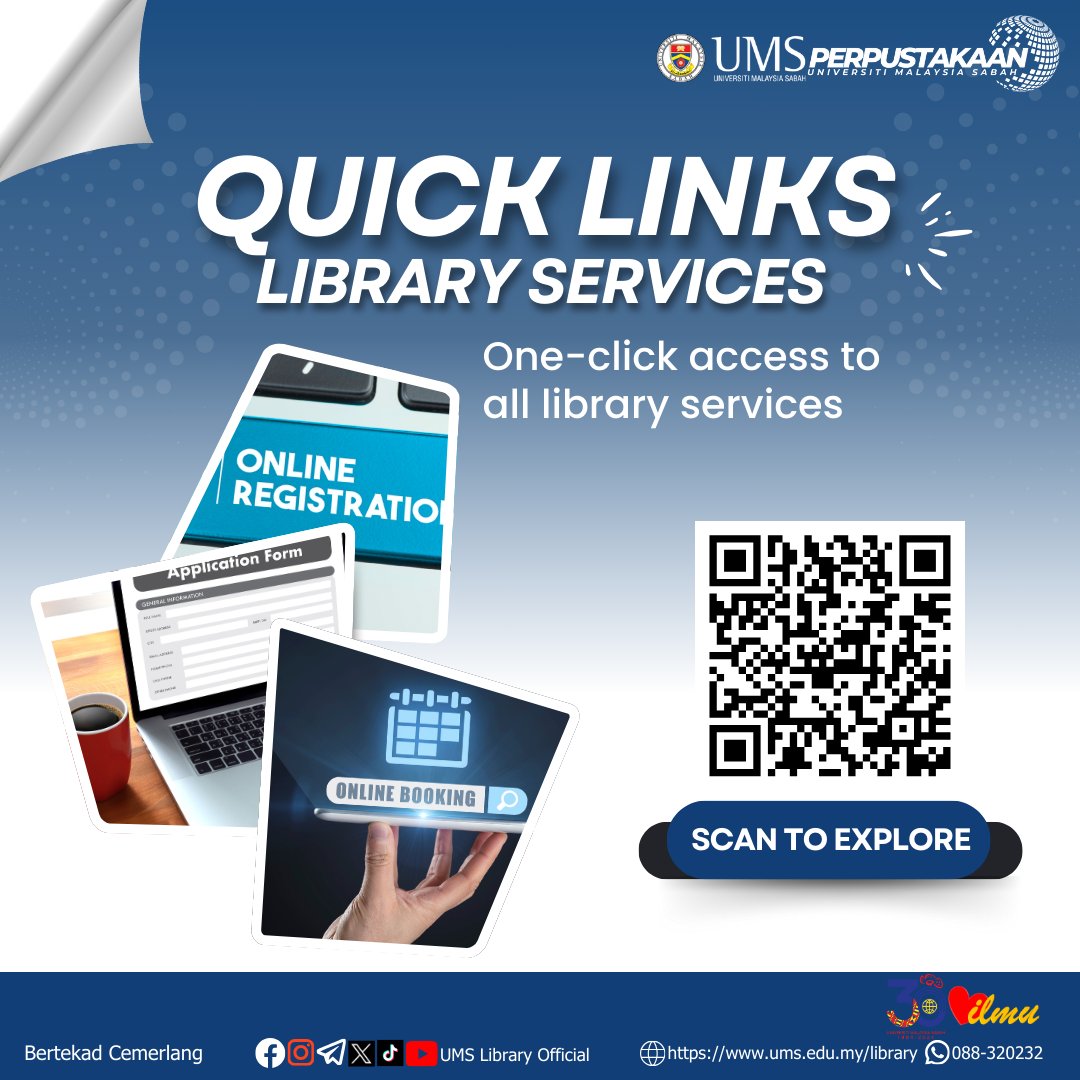 Lib_UMS's tweet image. QUICK LINKS: One Click to Access All Your Library Services

Any questions? Contact us at:
📲 WhatsApp wa.me/+6088320232
📧library_info@ums.edu.my

#LibraryServices
#OneClickAccess
#QuickLinks
#EasyAccess
#UMSLibrary