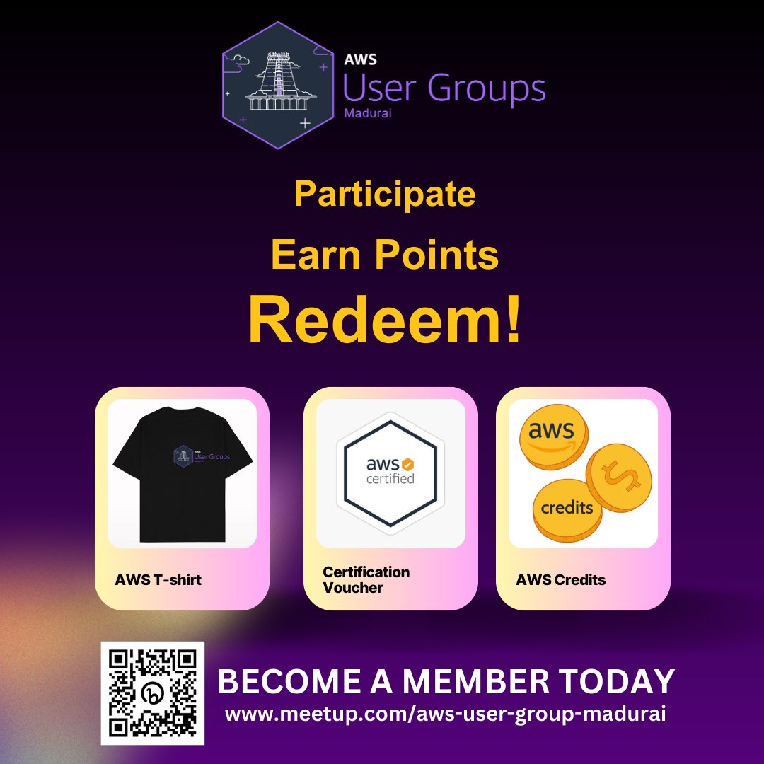 AWS UG Madurai (@awsugmdu) on Twitter photo ๐ Earn, Learn & Redeem! ๐
At <a href="/awsugmdu/">AWS UG Madurai</a> , attend events, participate in contests & earn points. ๐ฏ Redeem them for AWS swags, certification vouchers & AWS credits and much more!
๐ฅ Check the leaderboard: zurl.co/Cl4lq
๐ข Join now: zurl.co/dP6B0 ๐ Earn, Learn & Redeem! ๐
At <a href="/awsugmdu/">AWS UG Madurai</a> , attend events, participate in contests & earn points. ๐ฏ Redeem them for AWS swags, certification vouchers & AWS credits and much more!
๐ฅ Check the leaderboard: zurl.co/Cl4lq
๐ข Join now: zurl.co/dP6B0