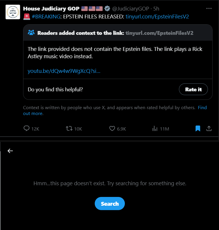 infolibnews's tweet photo. The House Judiciary GOP, run by Jim Jordan, just deleted their tweet Rickrolling the public on the Epstein files release after facing widespread backlash.

Simply incredible they thought this was appropriate. https://t.co/6vpKr4laBn