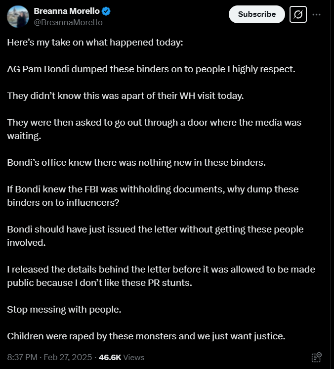 Her34m3mes's tweet photo. Good points here.  This should never have been a PR stunt @AGPamBondi this was disrespectful and vile. 

If people or groups are obstructing justice, don't just fire them. Arrest them.

#EpsteinClientList #ReleaseTheList #EnoughIsEnough 
#NoMoreStalling #ArrestThemAll https://t.co/SgEc72kcRN