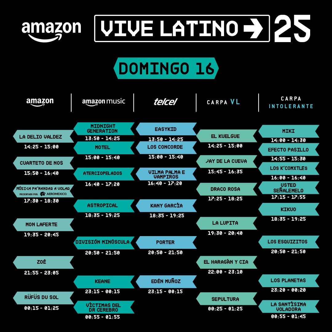 Amazon México (@amazonmex) on Twitter photo ¡Ya llegaron, ya están aquí los horarios completos del VL25 presentado por Amazon! 🤩🤘
Estamos muy emocionados, ¿a quienes vamos a ver por allá? 📦🎤
#AmazonTeEntregaElVL25 #VL25 #AmazonVL
<a href="/vivelatino/">Vive Latino</a> <a href="/AmazonMusicMX/">Amazon Music México</a> ¡Ya llegaron, ya están aquí los horarios completos del VL25 presentado por Amazon! 🤩🤘
Estamos muy emocionados, ¿a quienes vamos a ver por allá? 📦🎤
#AmazonTeEntregaElVL25 #VL25 #AmazonVL
<a href="/vivelatino/">Vive Latino</a> <a href="/AmazonMusicMX/">Amazon Music México</a>