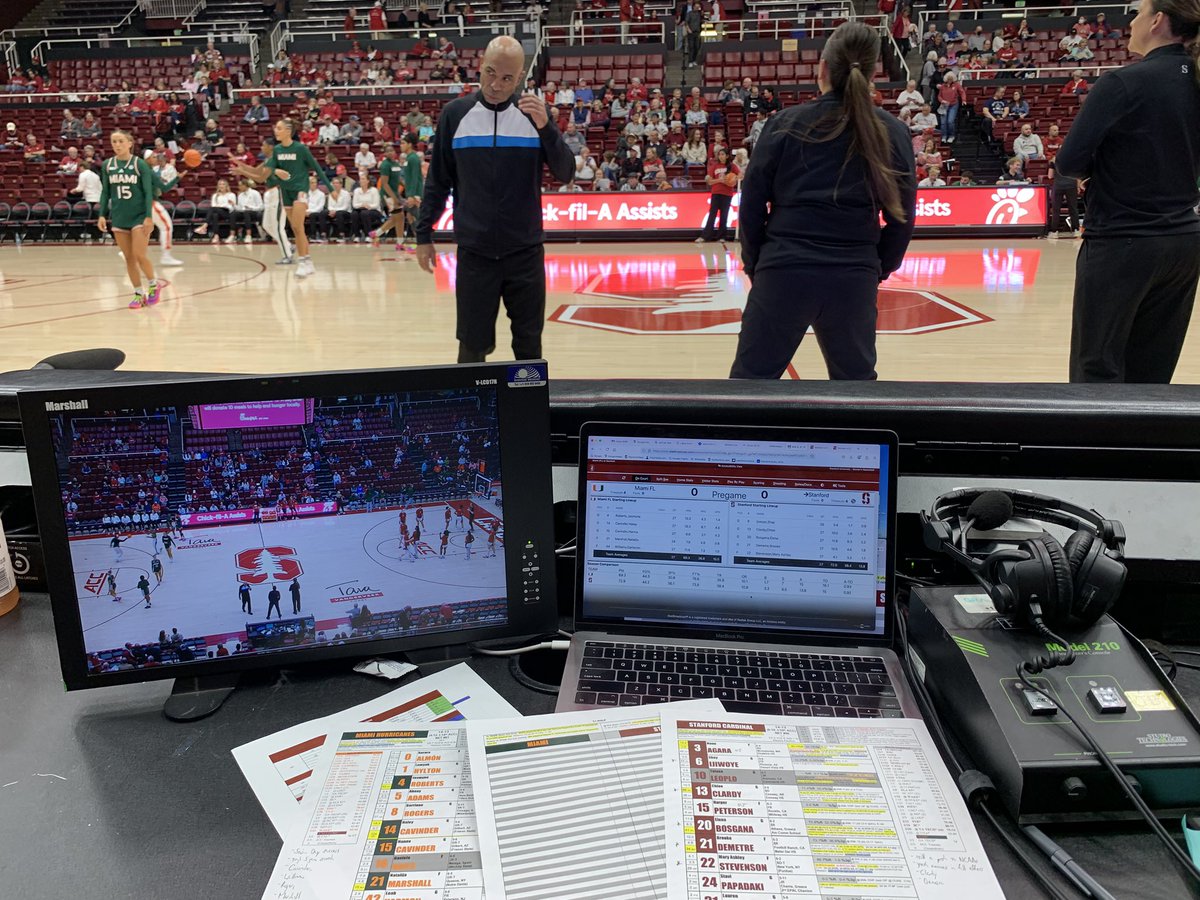Just about set from Maples! @stanfordwbb hosting <a href="/CanesWBB/">Hurricanes Women’s Basketball</a>. Canes trying to punch a ticket to Greensboro. Card trying to get back in the win column.

Zena Keita, Naya Crittenden, and yours truly on the call on ACC Network Extra! See you at 7p PT/10p ET.