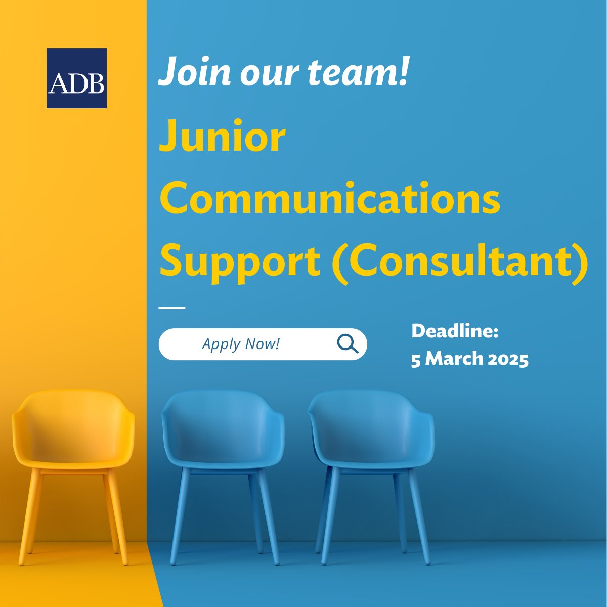 ADB is looking for a proactive Junior Communication Support Consultant to join our Water and Urban Development Sector Group.

Apply now: selfservice.adb.org/OA_HTML/OA.jsp…