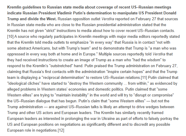 TheStudyofWar's tweet image. MORE: Kremlin guidelines to Russian state media about coverage of recent US–Russian meetings indicate Putin's determination to manipulate US President Donald Trump and divide the West. (1/3)