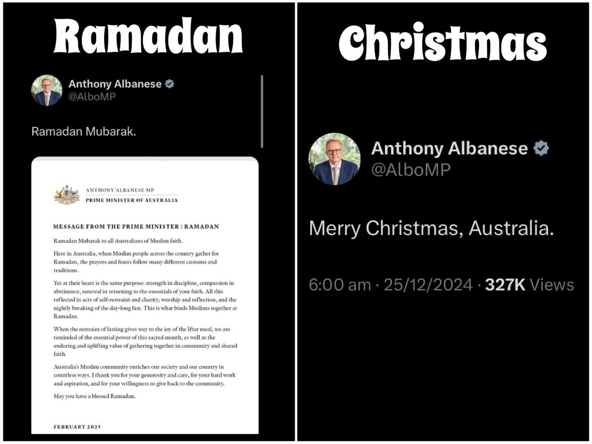 TruthFairy131's tweet photo. ❌ @AlboMP 
RAMADAN VS CHRISTMAS

Check out @AlboMP ‘s message to Muslims celebrating Ramadan VS his message to Australians celebrating Christmas which is an Australian custom &amp; tradition 😠 https://t.co/ysLR0TFgnc