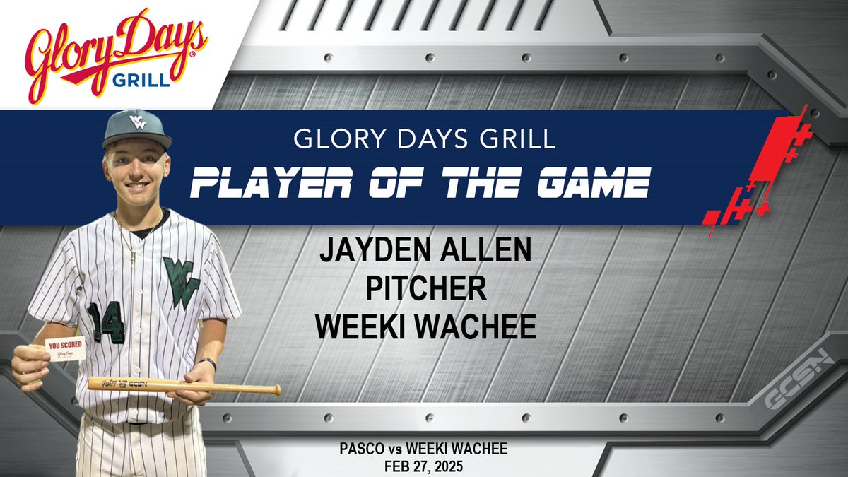 Gulf Coast Sports Network would like to congratulate  Jayden Allen for being named the Glory Days Player of the Game on our Feb 27, 2025 broadcast! Full replay on our YT channel! <a href="/WWHSHORNETSPORT/">Weeki Wachee Sports</a> <a href="/WWHS_baseball/">WWHSbaseball</a> <a href="/HernandoCo_Ath/">Hernando School District Athletics</a> <a href="/Andy_Villamarzo/">Andy Villamarzo</a> #baseball #hsbasebll