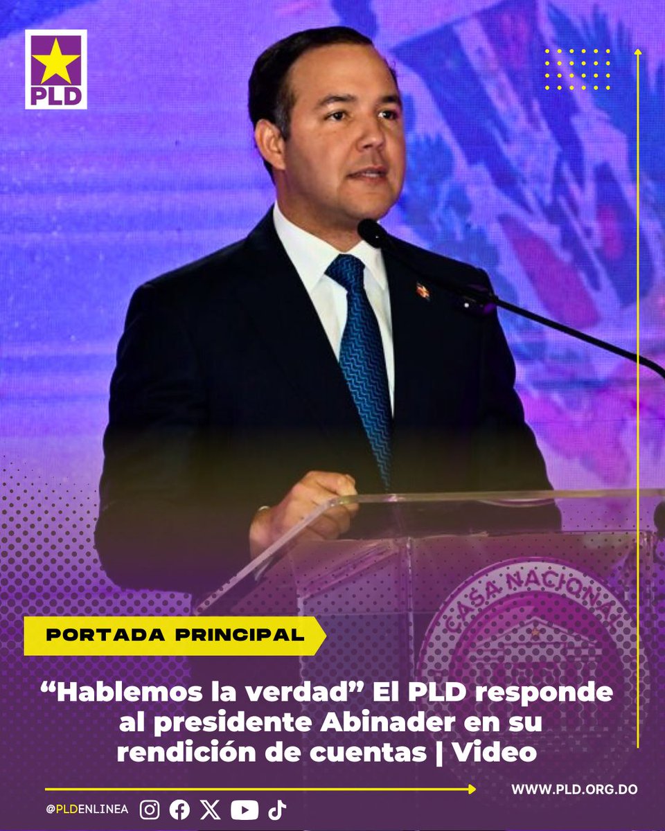 #PortadaPrincipalPLD | El <a href="/PLDenlinea/">PLD</a> asegura que el Presidente Abinader habló de “medias verdades e inexactitudes con las que intentó maquillar la realidad que vive el pueblo dominicano”.

El #ComitéPolítico del <a href="/PLDenlinea/">PLD</a>, a través de su Secretario General, <a href="/JohnnyPujols/">Johnny Pujols</a>,