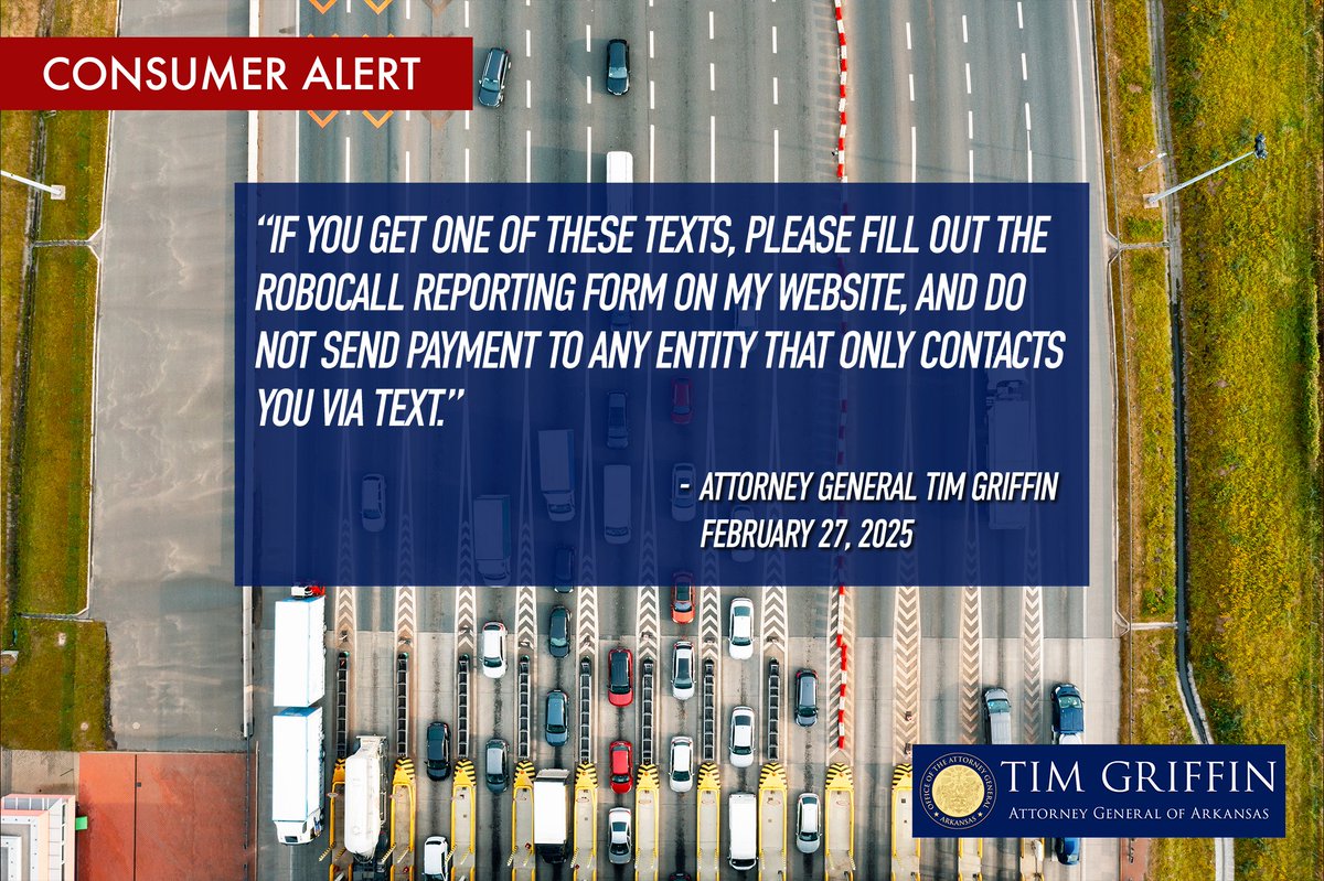 AGTimGriffin's tweet image. I am issuing a Consumer Alert to Arkansans about the recent resurfacing of toll road scams.

Last year, Arkansas saw a new "smishing" scam—a combination of "SMS" (texts) and "phishing"— come to our state. In these scams, criminals attempt to steal consumers’ personal information…