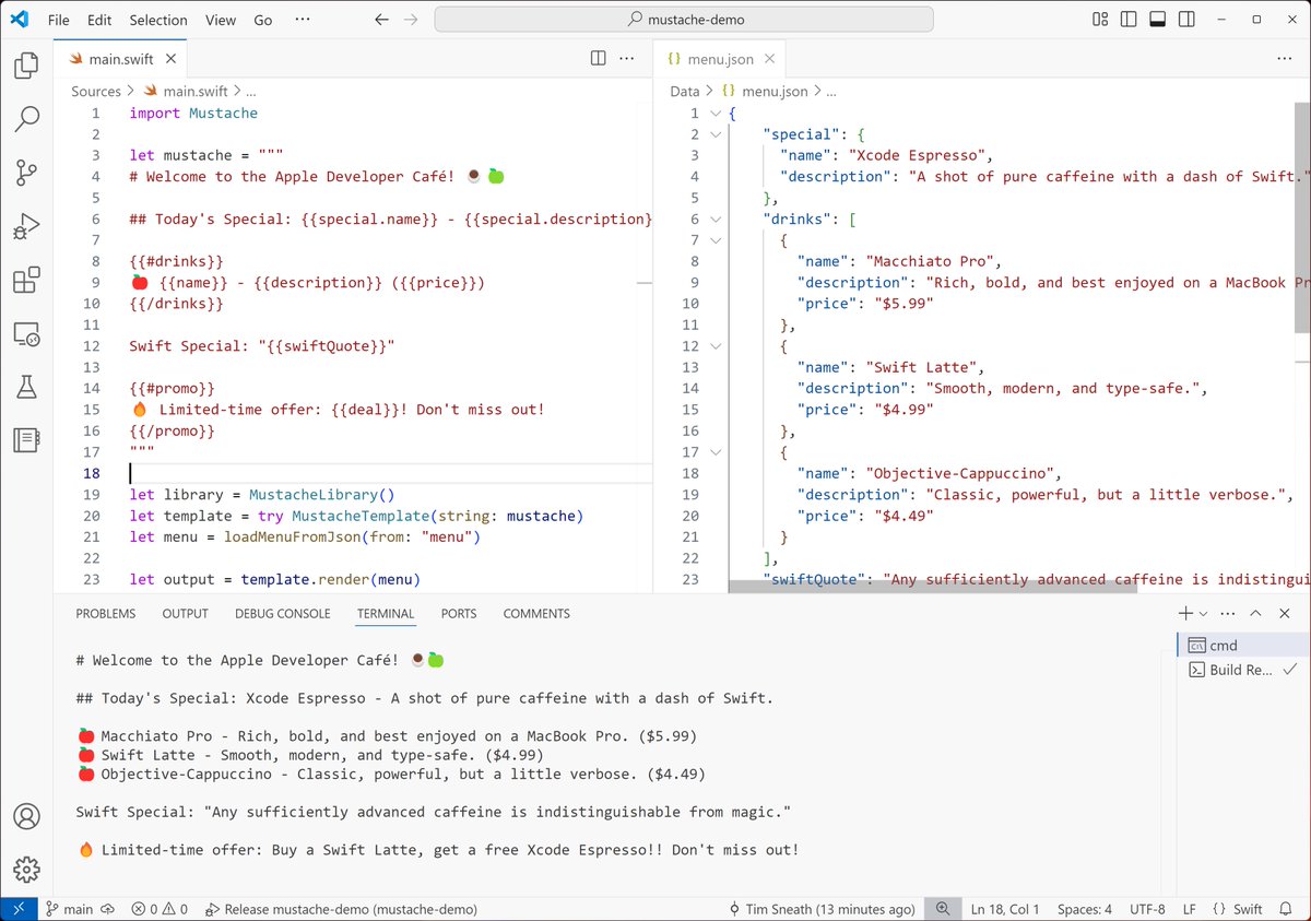 📦📅 Package of the week: swift-mustache 📅📦

swift-mustache is a powerful templating engine that enables you to generate content by applying a template to your data. Easy to use and effective anywhere you're generating text or source code. #Mustache swiftpackageindex.com/hummingbird-pr…