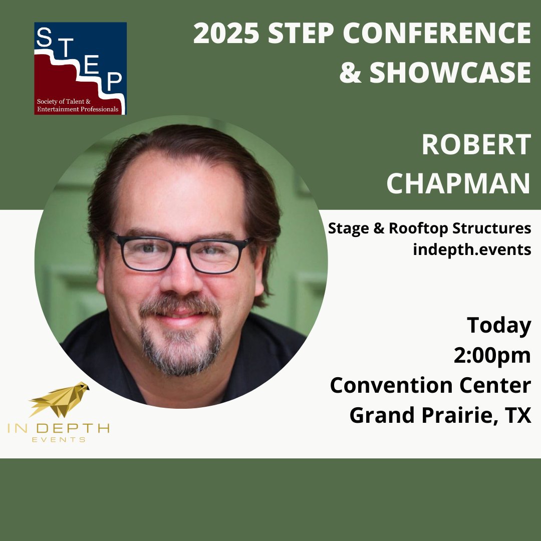 STEPROCKS's tweet image. TODAY at 2 PM!
Robert Chapman of In Depth Events breaks down stage &amp;amp; rooftop structures at the 2025 STEP Conference!
Learn how to build smarter, safer, and more spectacular events.
Salon 2 &amp;amp; 3 Grand Prairie Convention Center
More on Robert: indepth.events