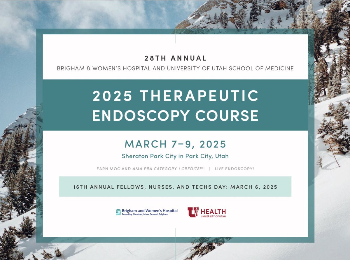 Brigham and Women's GI (@brighamgi) on Twitter photo 🚨You can still join us⛷️
2025 Therapeutic Endoscopy Course + Fellows, Nurses and Techs Day
March 6-9, 2025
Park City, UT
By #BrighamGI & <a href="/UofUHealth/">University of Utah Health</a>
#BrighamGIFaculty: course directors Drs. Kunal Jajoo & John Saltzman and speaker Dr. Daniel Stein
🔗medicine.utah.edu/internal-medic… 🚨You can still join us⛷️
2025 Therapeutic Endoscopy Course + Fellows, Nurses and Techs Day
March 6-9, 2025
Park City, UT
By #BrighamGI & <a href="/UofUHealth/">University of Utah Health</a>
#BrighamGIFaculty: course directors Drs. Kunal Jajoo & John Saltzman and speaker Dr. Daniel Stein
🔗medicine.utah.edu/internal-medic…