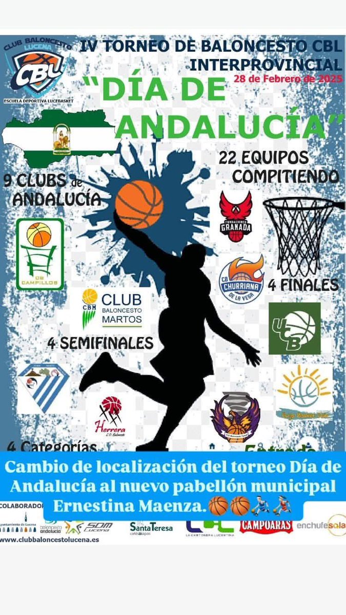 ➡️🏀➡️     Cambio de localización del IV Torneo Día Andalucía por las condiciones meteorológicas que afectan a las instalaciones.   El Torneo se hará en su totalidad en el Pabellón Ernestina Maenza.  
NO TE LO PIERDAS ! ! !