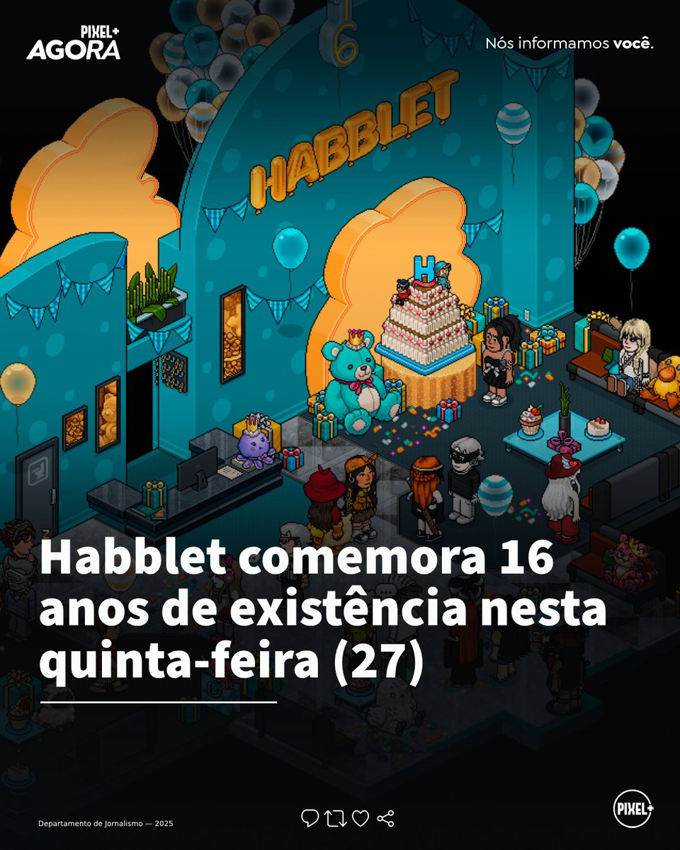 pixelplushb's tweet image. 🆕 #PixelAgora — NÓS INFORMAMOS VOCÊ 📰

Tem aniversariante na área! 🎂

O @MeuHabblet comemora hoje, quinta-feira, 16 anos de existência com muitas histórias, alegria e entretenimento para o seu público.

Quem visita a Recepção, fatura um emblema e uma mobília. Corre! 🥳