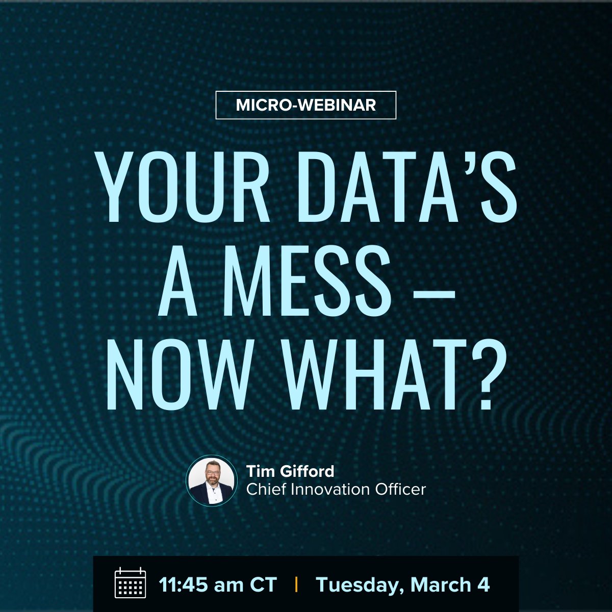Join us on Tuesday as Chief Innovation Officer, Tim Gifford, dives into messy data and introduces a decision-making framework to help you start leveraging it for real impact. 

📆 Tuesday, March 4 | 11:45 am | Virtual 

hubs.li/Q038H8H00