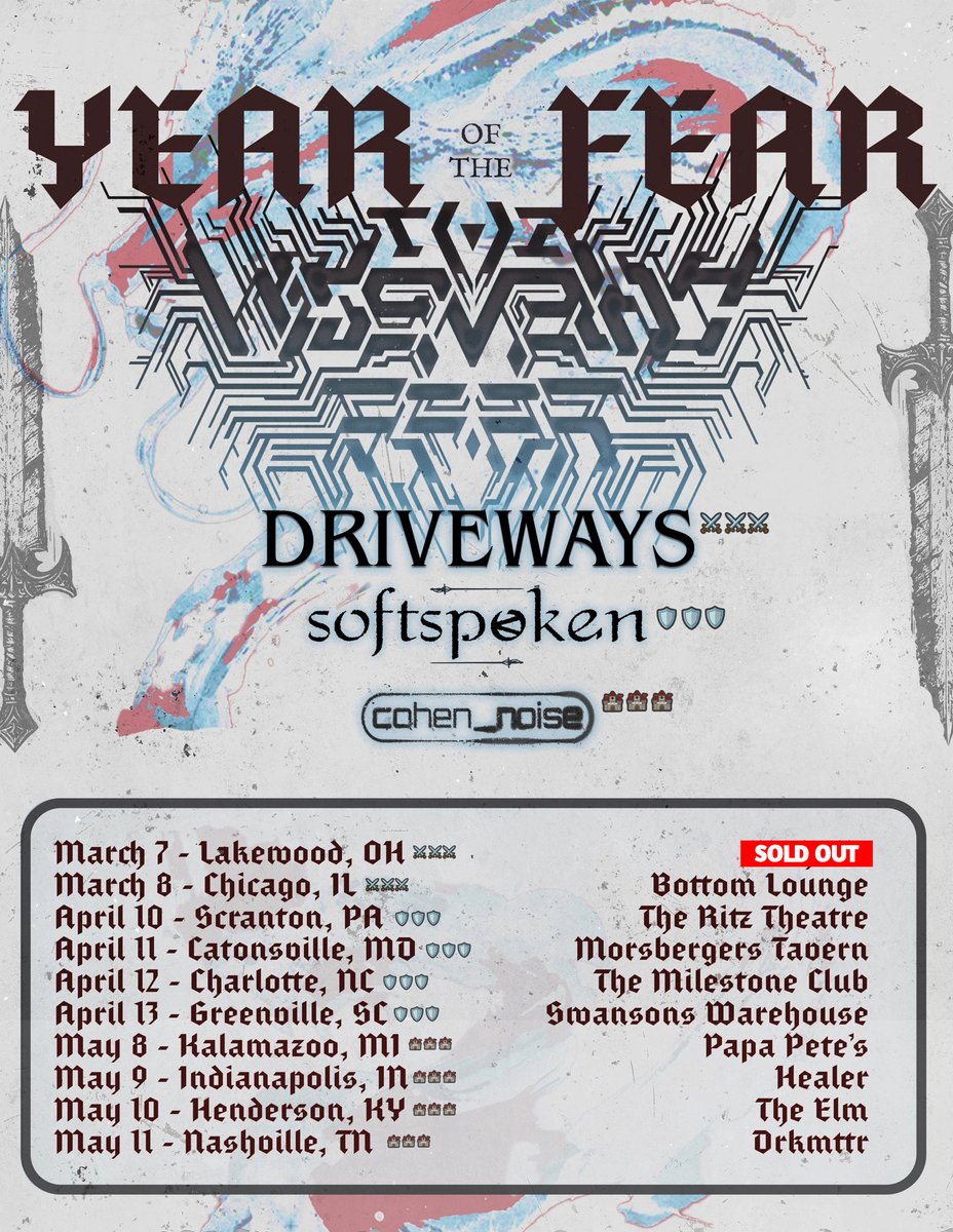 The Wise Man's Fear (@twmfband) on Twitter photo Our show with <a href="/drivewaysband/">Driveways</a> in Lakewood, OH has sold out!
We're beyond stoked as the quest continues! ⚔
Get tickets for our April run with <a href="/softspokenband/">Softspoken</a> / May run with <a href="/cohen_noise/">cohen_noise</a>! Ticket links in bio. Our show with <a href="/drivewaysband/">Driveways</a> in Lakewood, OH has sold out!
We're beyond stoked as the quest continues! ⚔
Get tickets for our April run with <a href="/softspokenband/">Softspoken</a> / May run with <a href="/cohen_noise/">cohen_noise</a>! Ticket links in bio.