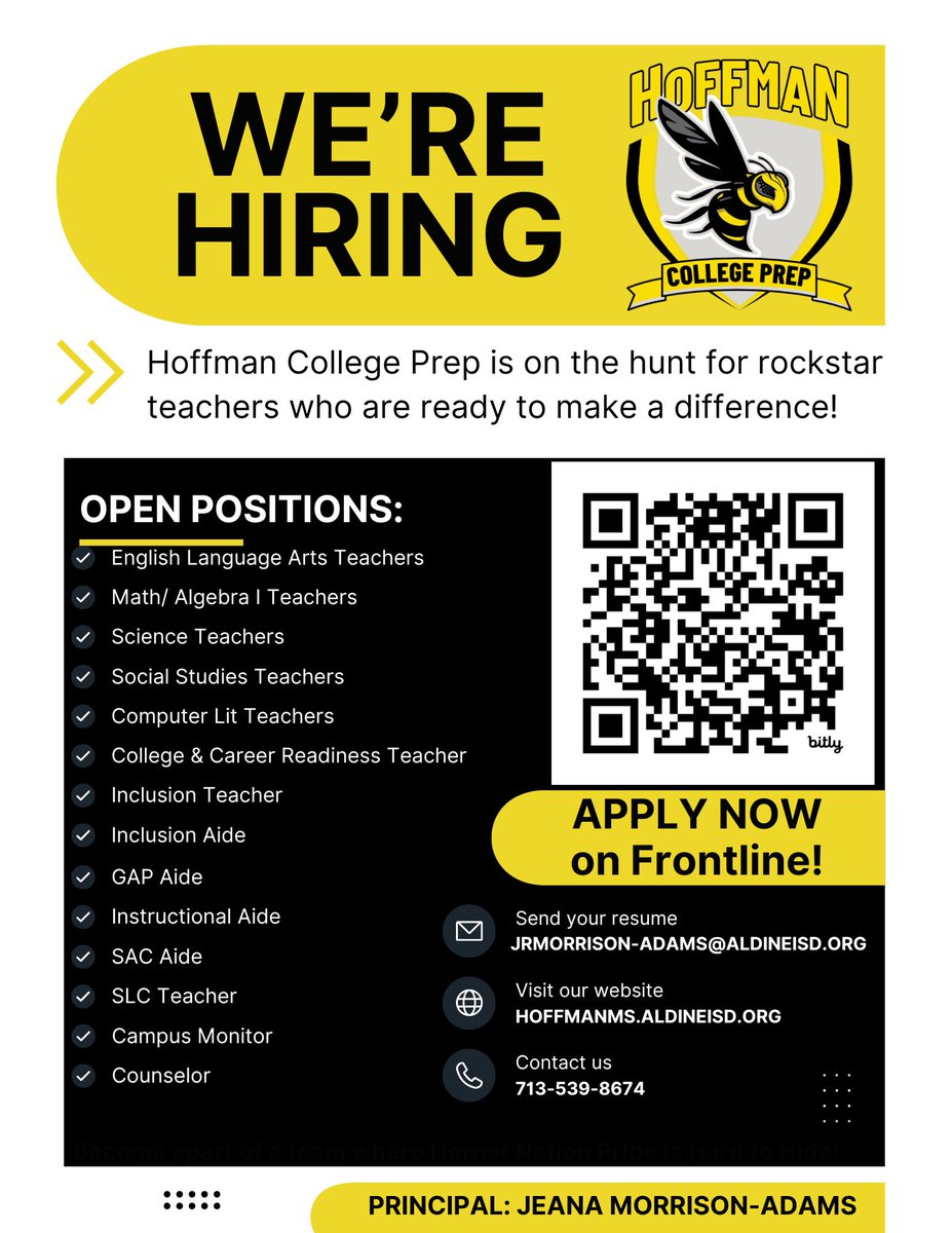 Hoffman College Prep (@hoffmanms_aisd) on Twitter photo We’re looking for exceptional, student-centered educators to join our Hoffman College Prep team for the 2025-26 academic year! #HornetNationPride
<a href="/JeanaMAdams/">Jeana Morrison Adams</a> <a href="/DrCrystalWatson/">Crystal Watson, Ed.D. Proud Grambling State Alumni</a> <a href="/AldineISD/">Aldine ISD</a> <a href="/drgoffney/">Dr. LaTonya M. Goffney</a> <a href="/AldineHR/">Aldine HR</a> We’re looking for exceptional, student-centered educators to join our Hoffman College Prep team for the 2025-26 academic year! #HornetNationPride
<a href="/JeanaMAdams/">Jeana Morrison Adams</a> <a href="/DrCrystalWatson/">Crystal Watson, Ed.D. Proud Grambling State Alumni</a> <a href="/AldineISD/">Aldine ISD</a> <a href="/drgoffney/">Dr. LaTonya M. Goffney</a> <a href="/AldineHR/">Aldine HR</a>