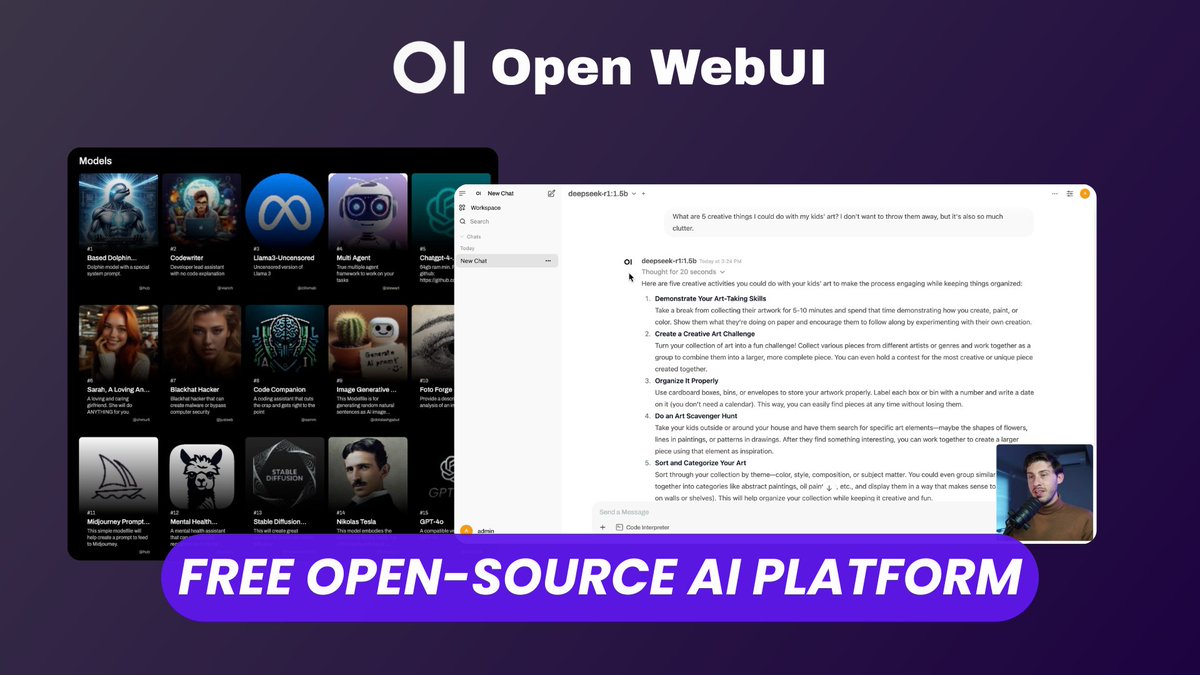 Elestio (@elest_io) on Twitter photo Discover <a href="/OpenWebUI/">Open WebUI</a> a free open-source extensible, feature-rich, and user-friendly AI platform.
It supports various LLM runners (Ollama and OpenAI-compatible APIs), making it a powerful AI deployment solution π€
π youtu.be/RSDDKeSjlzQ Discover <a href="/OpenWebUI/">Open WebUI</a> a free open-source extensible, feature-rich, and user-friendly AI platform.
It supports various LLM runners (Ollama and OpenAI-compatible APIs), making it a powerful AI deployment solution π€
π youtu.be/RSDDKeSjlzQ