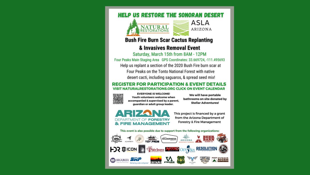 Help Us Restore the Sonoran Desert with <a href="/AzASLA/">Arizona Chapter ASLA</a>! Join us on 3/15 from 8am-12pm for a Bush Fire Burn Scar Cactus Replanting &amp; Invasives Removal at Four Peaks on the <a href="/TontoForest/">Tonto National Forest</a>. Details &amp; registration: eventbrite.com/e/125380427533…