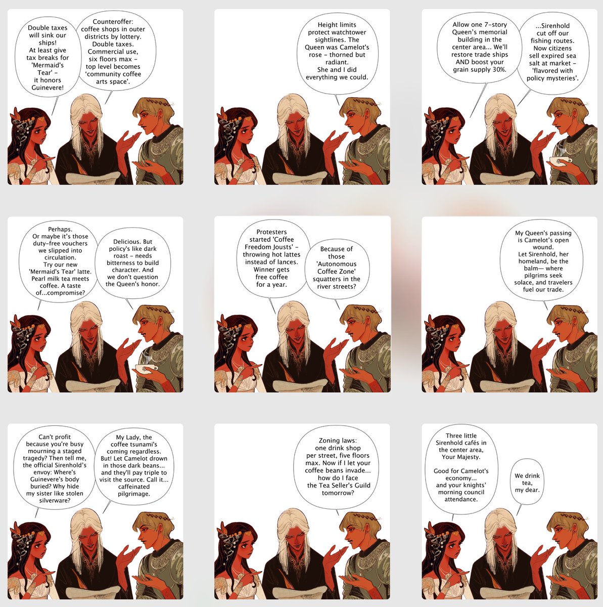 BOLD PROPOSAL for Arthur. Panels for my OC Merlin and Lady of the Lake. More of their small talk bubbles on my instagram and website. 
#Merlin #Camelot #MerlinOC #LadyOfTheLake #ArthurianLegend #SwordInTheStone #ArtVignettes #DialogueDrivenArt