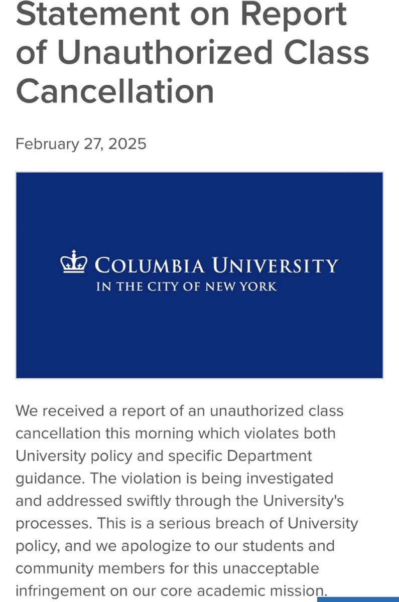 BREAKING: Columbia University has confirmed that a professor canceled class to aid the violent building takeover. The university says it will investigate and consider consequences.

For too long, Columbia has prioritized extremism over education. Time for real accountability.
