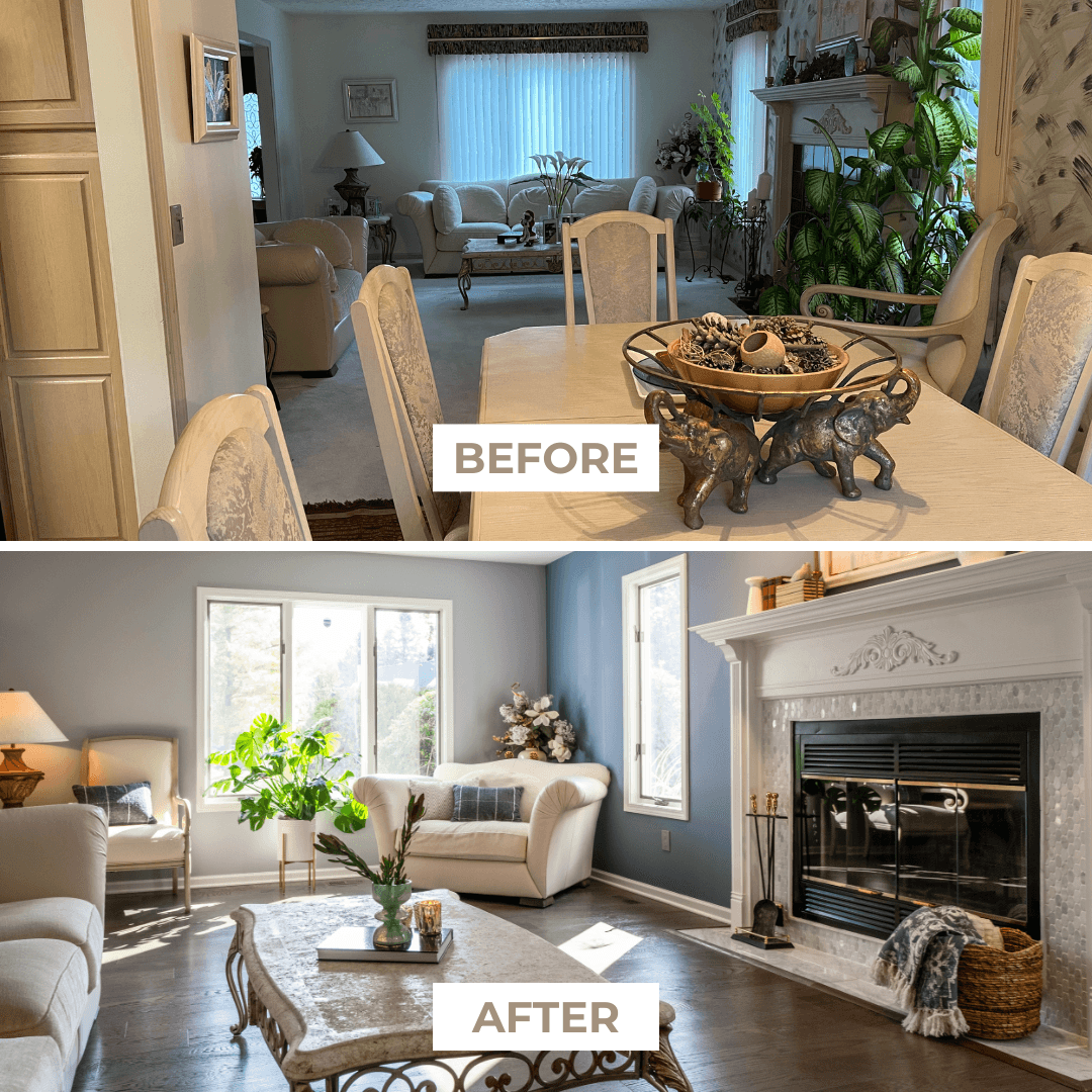Remember the family room we featured? Here’s Karen &amp; Cliff’s stunning transformation!  

Before: Outdated and lacking warmth.  
After: A cozy, modern haven with a sleek fireplace and calming blue walls.

“The room just hugs you!”  - Karen

#HomeRemodel #CustomBuiltMI