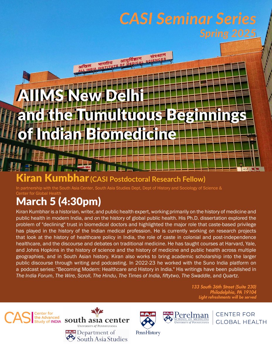 Center for the Advanced Study of India (@casipenn) on Twitter photo For our next Spring 2025 seminar on Wed, March 5 at 4:30pm, we're very excited to feature our own postdoc <a href="/kikumbhar/">Kiran Kumbhar</a>! (in partnership with <a href="/SouthAsiaCenter/">UPenn South Asia Center</a>, <a href="/SouthAsiaPenn/">South Asia Studies</a>, <a href="/PennHistory/">Penn History</a>, <a href="/UPennCGH/">CGH</a>) Read More: casi.sas.upenn.edu/events/kiran-k… For our next Spring 2025 seminar on Wed, March 5 at 4:30pm, we're very excited to feature our own postdoc <a href="/kikumbhar/">Kiran Kumbhar</a>! (in partnership with <a href="/SouthAsiaCenter/">UPenn South Asia Center</a>, <a href="/SouthAsiaPenn/">South Asia Studies</a>, <a href="/PennHistory/">Penn History</a>, <a href="/UPennCGH/">CGH</a>) Read More: casi.sas.upenn.edu/events/kiran-k…