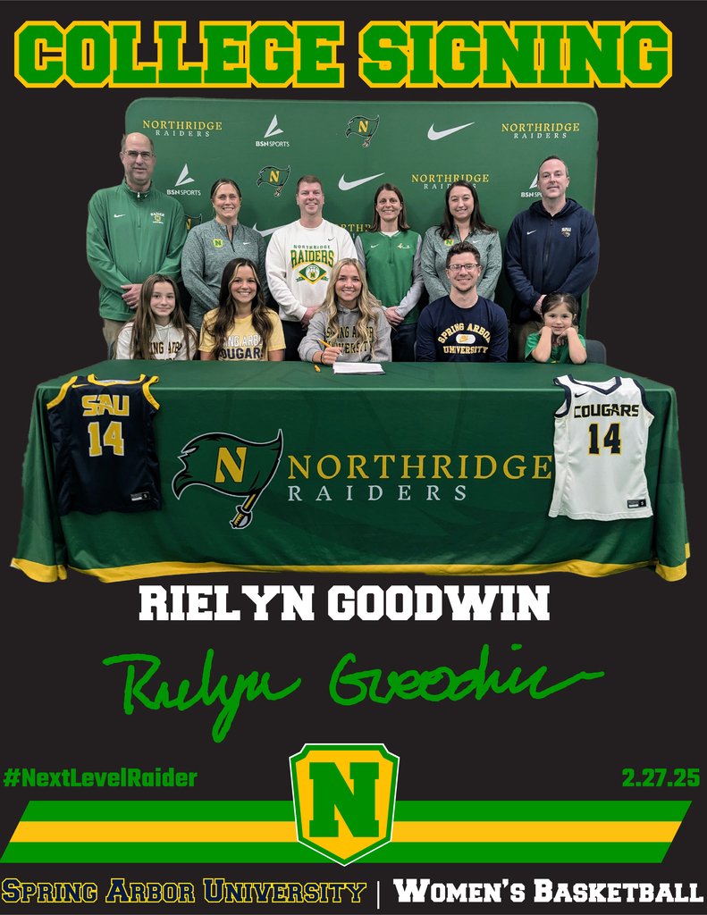 nridgeathletics's tweet image. COLLEGE SIGNING✍🏼

Rielyn Goodwin🔰
🏀Women&apos;s Basketball
📍Spring Arbor University (Mich.)

#NextLevelRaider