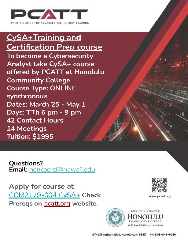 PCATTTweet's tweet image. Ready to level up your IT career? 🤔 CompTIA CySA+ &amp;amp; AWS training w/ exam vouchers. See flyer for details! #ITCertifications #CareerGoals