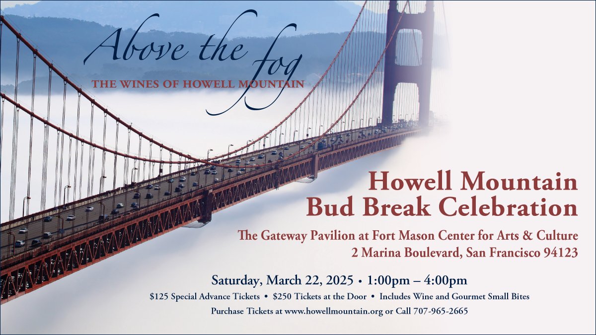 Cal. Cab. Society (@cal_cab_society) on Twitter photo DON’T MISS OUT on a RARE opportunity to TASTE, PURCHASE & TAKE WITH YOU wines from 37 <a href="/Howell_Mountain/">Howell Mountain AVA</a> #wineries @ the Howell Mountain Bud Break Celebration ● Sat., March 22 ● 1-4pm @ Gateway Pavilion <a href="/FortMasoninSF/">Fort Mason Center</a> $125 tickets at HowellMountain.org or call 707.965.2665 DON’T MISS OUT on a RARE opportunity to TASTE, PURCHASE & TAKE WITH YOU wines from 37 <a href="/Howell_Mountain/">Howell Mountain AVA</a> #wineries @ the Howell Mountain Bud Break Celebration ● Sat., March 22 ● 1-4pm @ Gateway Pavilion <a href="/FortMasoninSF/">Fort Mason Center</a> $125 tickets at HowellMountain.org or call 707.965.2665