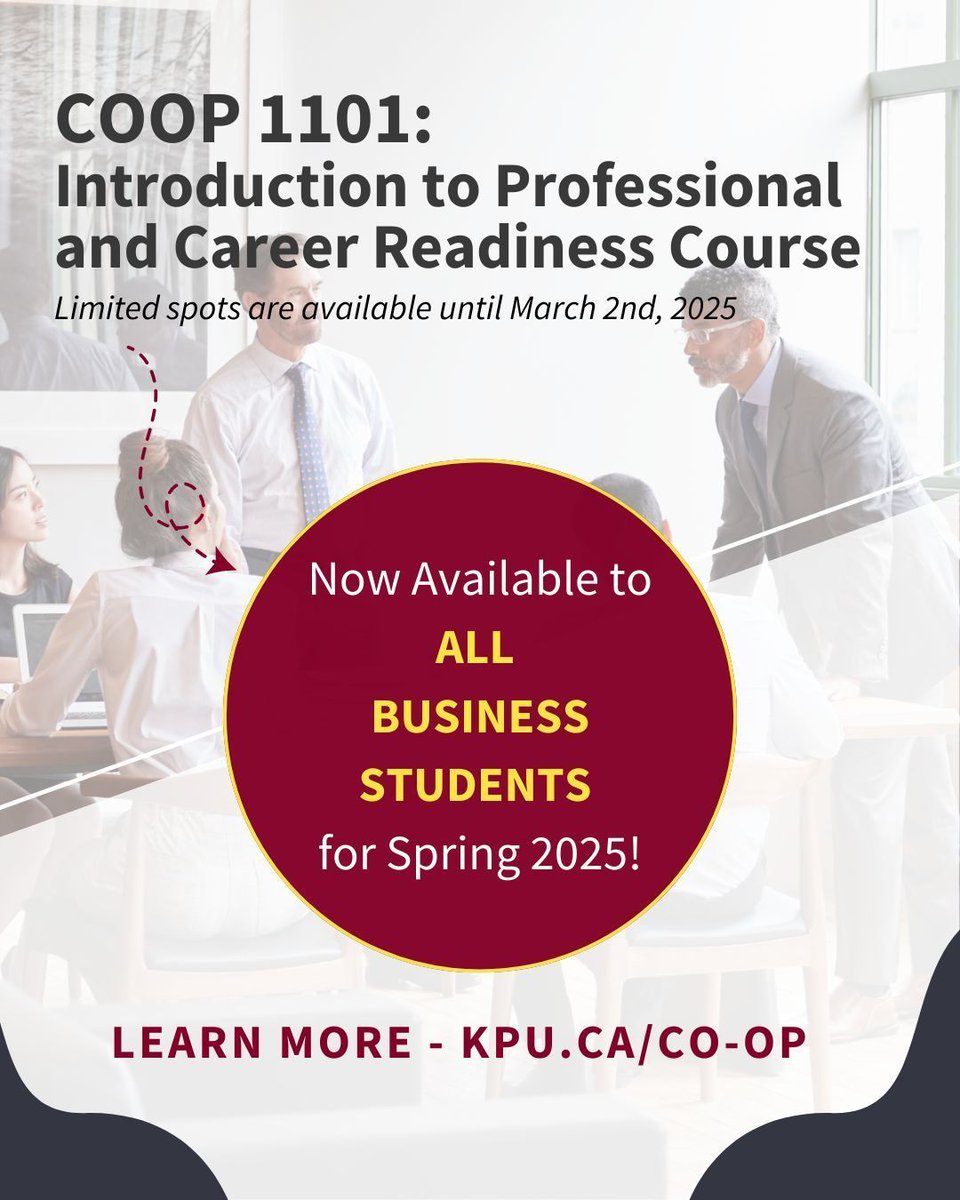 Business Students! For the first time, you can take COOP 1101, even if you're not in Co-op!

✅ Learn to analyze job postings &amp; employer expectations
✅ Build professional resumes &amp; cover letters
✅ Practice networking &amp; interview skills

#kpu #kpucdc #kpustudents #KPUCoop