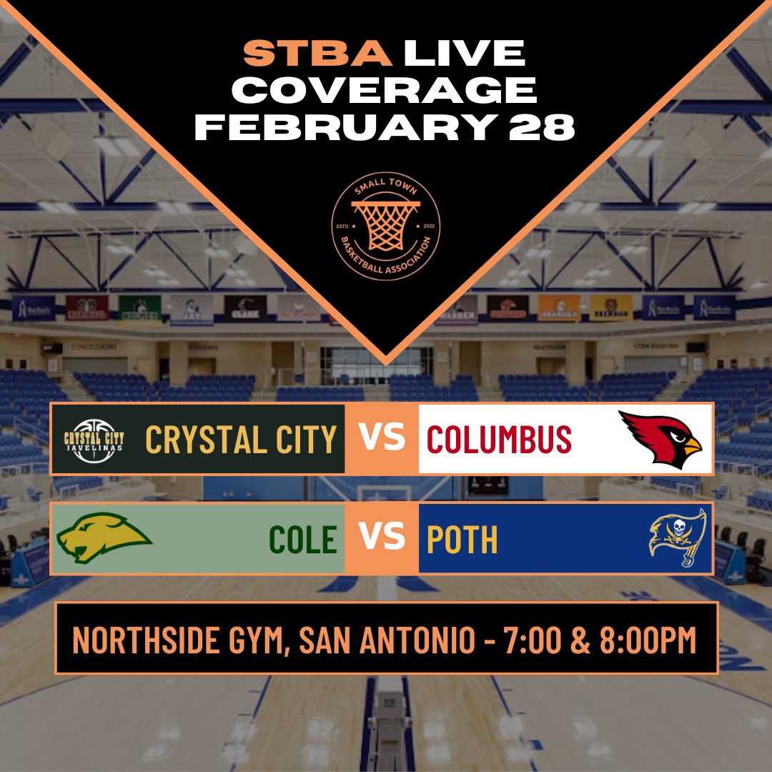 STBA-TX.com (@stba_tx) on Twitter photo #STBA will be at Northside Gym tomorrow for the 3A Regional Finals
Crystal City vs. Columbus | 7:00pm
San Antonio Cole vs. Poth | 8:00pm
Follow for live updates of the game!
<a href="/RGC_BBasketball/">@RGC_BBasketball</a> <a href="/CCJavBasketball/">Crystal City Javelina Basketball</a> <a href="/StrattonCFrye/">Coach Frye</a> <a href="/CochCRuthers/">Chris Carruthers</a>
โโโโโโโโโโโโโโโโโ
#SpreadHoops #STBA will be at Northside Gym tomorrow for the 3A Regional Finals
Crystal City vs. Columbus | 7:00pm
San Antonio Cole vs. Poth | 8:00pm
Follow for live updates of the game!
<a href="/RGC_BBasketball/">@RGC_BBasketball</a> <a href="/CCJavBasketball/">Crystal City Javelina Basketball</a> <a href="/StrattonCFrye/">Coach Frye</a> <a href="/CochCRuthers/">Chris Carruthers</a>
โโโโโโโโโโโโโโโโโ
#SpreadHoops