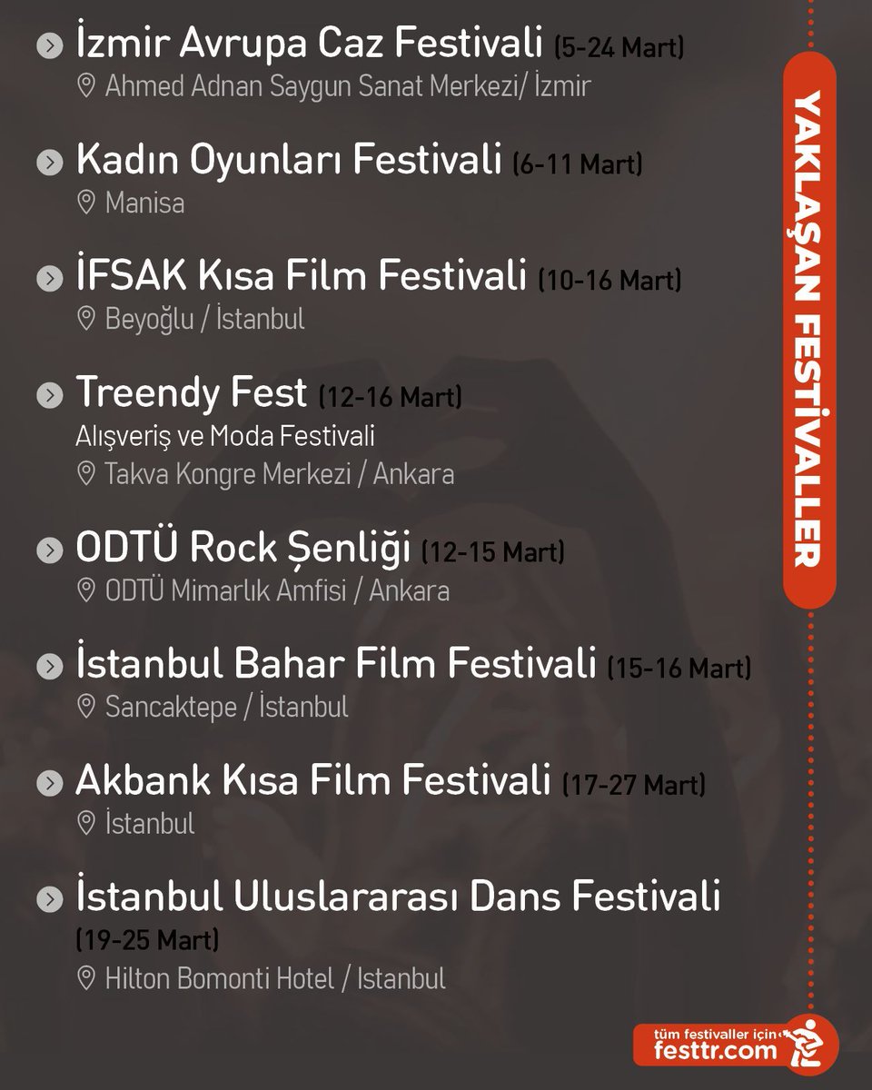 Yaklaşan festivallerin listesi 🗓️ Post'u faydalı bulduysan beğenmeyi unutma ❤️

Tüm festivaller için festtr.com