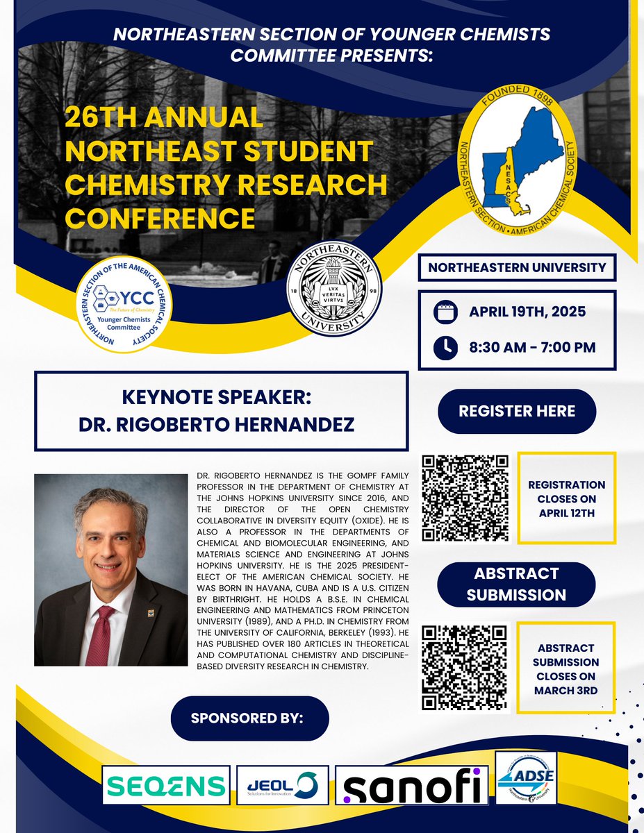 I'm excited to announce that NSYCC will host the 26th Annual Northeast Student Chemistry Research Conference (NSCRC) at Northeastern University on April 19, 2025. 

💡 Submit your abstracts by March 3, 2025: lnkd.in/entc5-FN

💡 Registration: lnkd.in/esKMfFxz