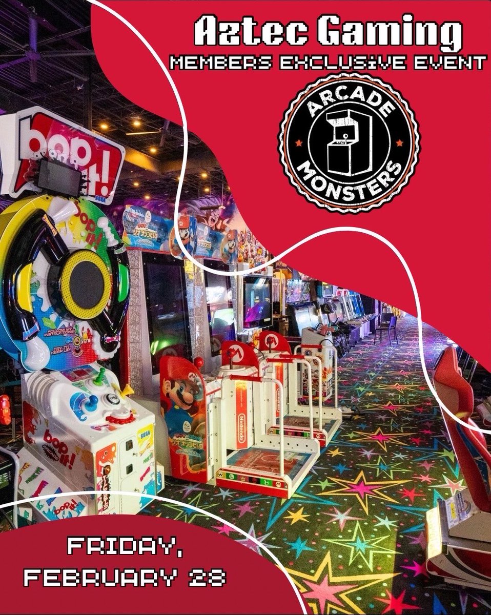 🎮✨Aztec Gaming is taking over Arcade Monsters this Friday, Feb 28th!🚀

Members! Look out for info in our members only channel in the Aztec Gaming Discord server!📣

This trip marks our second event in February to highlight our members for supporting Aztec Gaming!🫶🏼