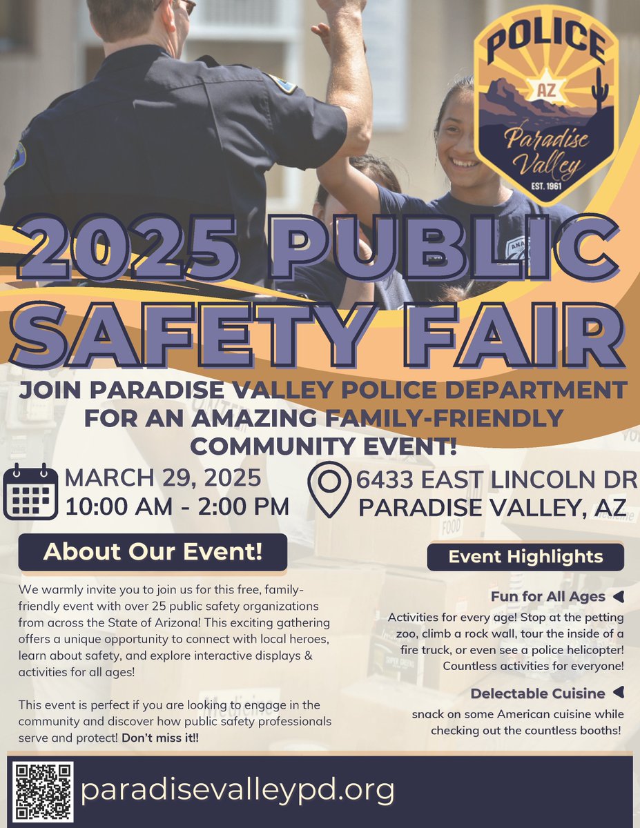 🚨 Join us for the <a href="/ParadiseVallAZ/">Town of Paradise Valley</a> Public Safety Fair! 🚔🚴🐾
📅 Saturday, March 29 ⏰10 AM - 2 PM 📍 Town Hall Parking Lot
Enjoy a Bike Rodeo, Petting Zoo, Rock Wall, Food &amp; More! 🍔 Meet local public safety teams. See you there! #PublicSafetyFair <a href="/PVPolice/">Paradise Valley PD</a>