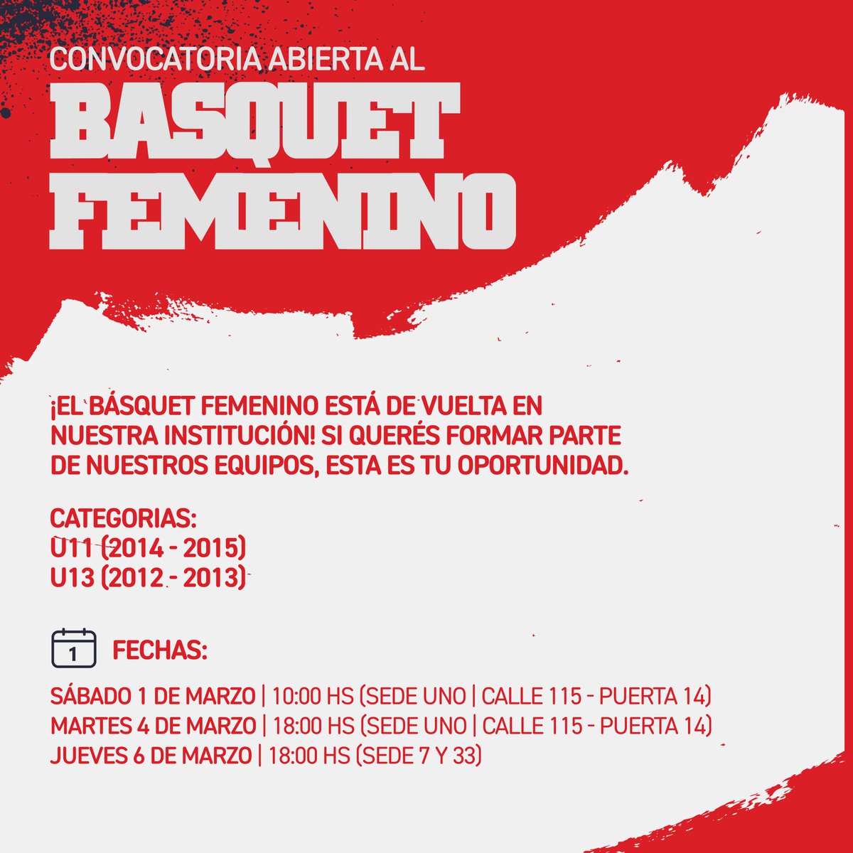 ¡Vuelve el básquet femenino! 🏀👧

🇦🇹▶️El sábado 1, el martes 4 y el jueves 6 de marzo, sumate a los entrenamientos si querés formar parte de nuestros equipos.