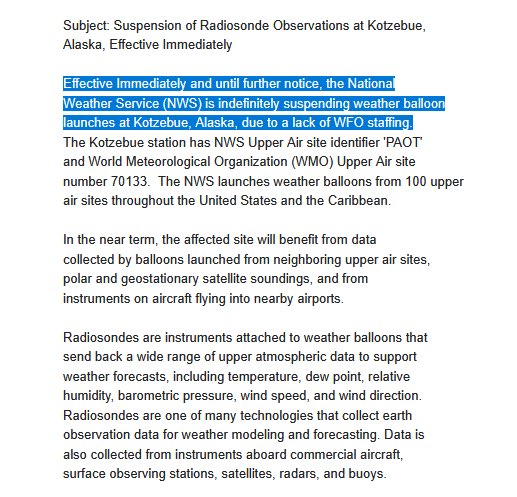 sentdefender's tweet image. The National Weather Service (NWS) has announced an “indefinite suspension” of weather balloon launches from Kotzebue, Alaska due to a lack of staffing at the local weather forecasting office (WFO). @ryanhickman
