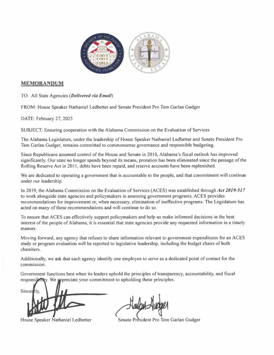 Nathaniel Ledbetter (@repledbetter) on Twitter photo The Alabama Commission on the Evaluation of Services (ACES) works to ensure that taxpayer dollars are spent responsibly and effectively.
This afternoon, Pro Tem <a href="/GarlanGudgerJr/">Garlan Gudger Jr</a> and I issued a memo directing all state agencies to provide any information requested by ACES in a The Alabama Commission on the Evaluation of Services (ACES) works to ensure that taxpayer dollars are spent responsibly and effectively.
This afternoon, Pro Tem <a href="/GarlanGudgerJr/">Garlan Gudger Jr</a> and I issued a memo directing all state agencies to provide any information requested by ACES in a