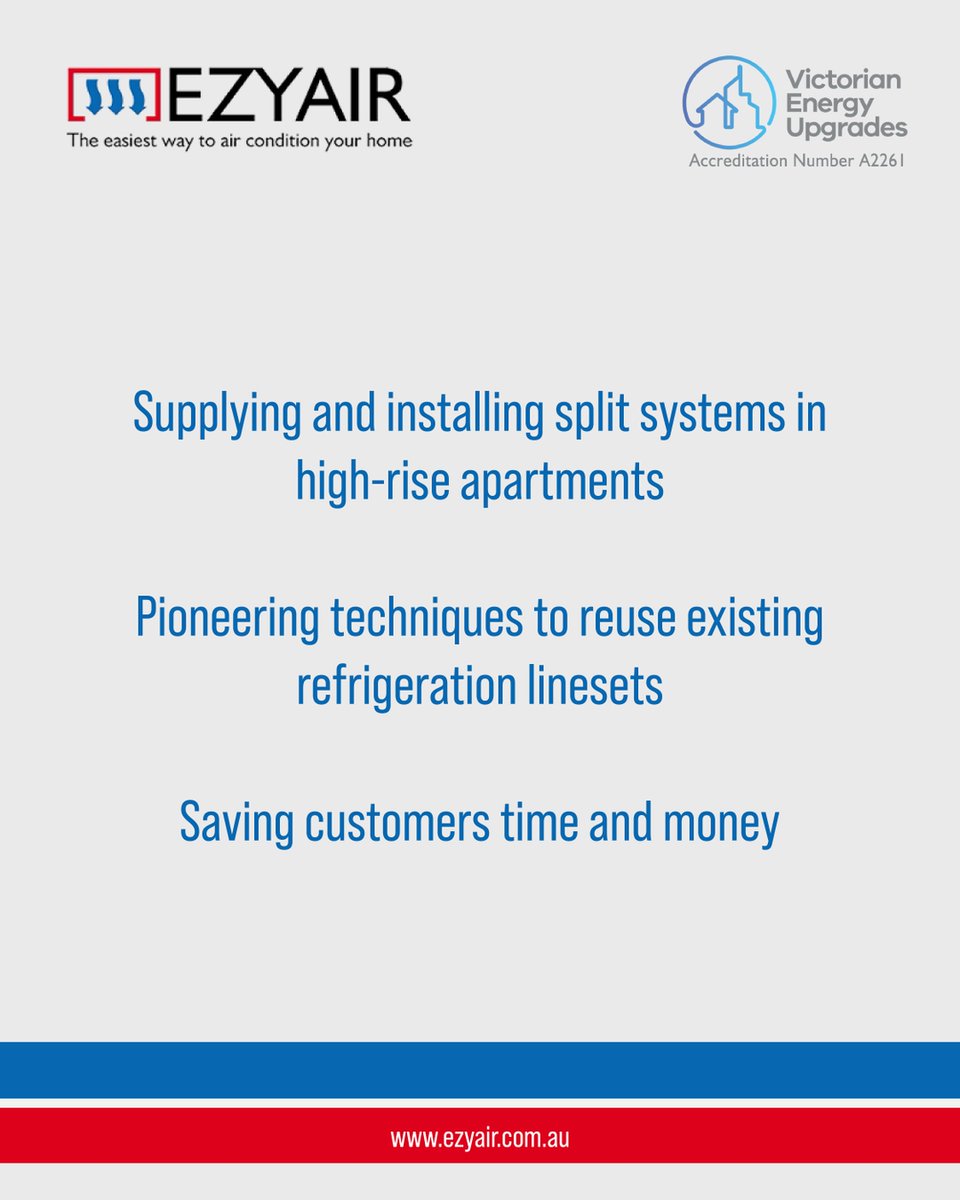 EZYAIR is your trusted partner for seamless high-rise apartment air conditioning. We specialise in supplying and installing split systems, reusing existing refrigeration linesets to save you time and money, and tackling complex installations with ease. ezyair.com.au/?utm_content=s…