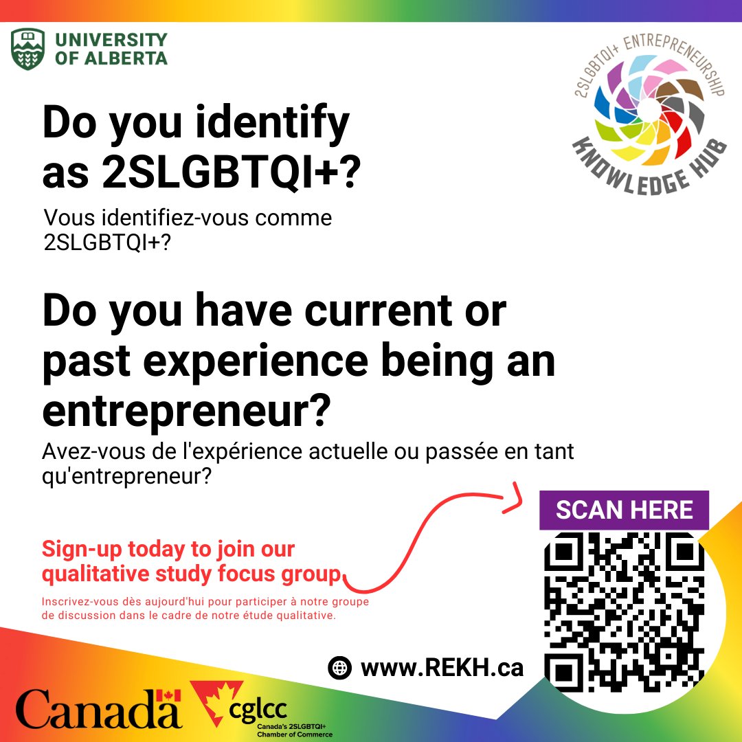 E2S - Edmonton 2 Spirit Society (@e2s_2) on Twitter photo Exciting news, E2S Community! Conroy Smith at the University of Alberta is studying the 2SLGBTQIA+ business ecosystem in Canada. If you identify as 2SLGBTQIA+ and have entrepreneurial experience, we'd love your participation! Spread the word! Contact Conroy at cosmith@ualberta.ca Exciting news, E2S Community! Conroy Smith at the University of Alberta is studying the 2SLGBTQIA+ business ecosystem in Canada. If you identify as 2SLGBTQIA+ and have entrepreneurial experience, we'd love your participation! Spread the word! Contact Conroy at cosmith@ualberta.ca