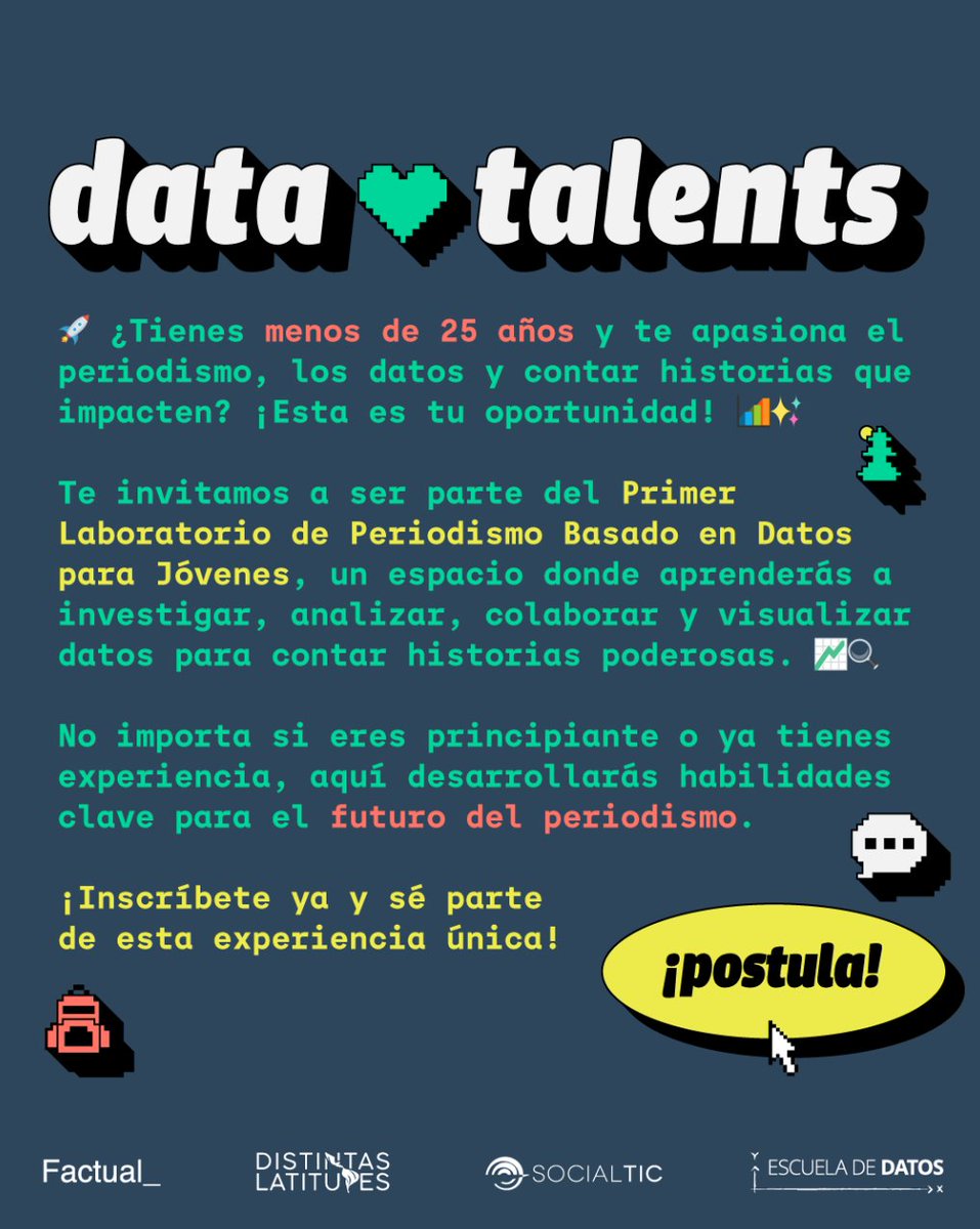 🚨#DataTalents, iniciativa de <a href="/Factual_MX/">Factual_</a> y #SocialTIC, busca fortalecer capacidades de jóvenes en 🇲🇽 para contar historias sobre migración, cambio climático y género a través de los #datos

💰Participa por $1,000 USD para desarrollar tu historia!

+info👇
factual.com.mx/data-talents-m…
