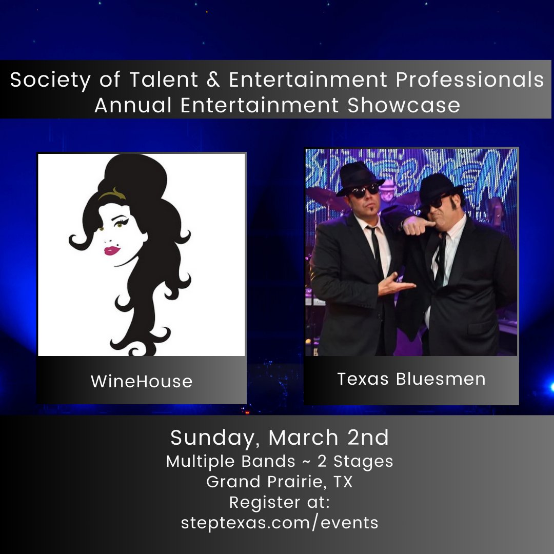 STEPROCKS's tweet image. 🎶 MORE SHOWCASE BANDS! 🎶

🔥 WineHouse – DFW’s top Amy Winehouse tribute. (Talent Envy Entertainment)

🎩 The Texas Bluesmen – A high-energy Blues Brothers tribute. (Bravo Events LLC)

Don’t miss these epic performances! 🎤🎷 #STEP2025 #LiveMusic