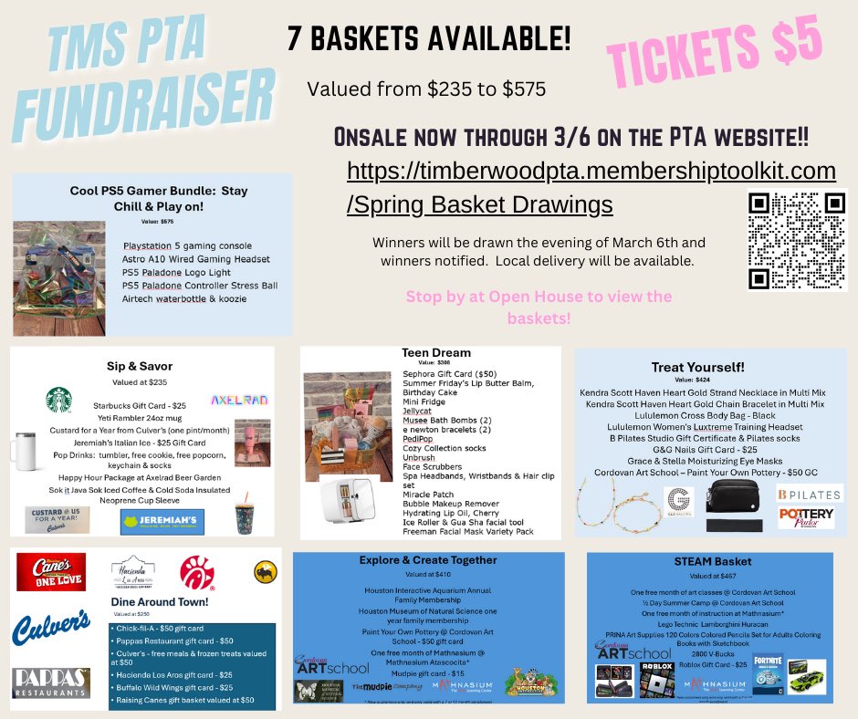 Timberwood Middle School PTA (@timberwoodpta) on Twitter photo Our Spring Fundraiser is now open on the PTA Website and will run until March 6th! The lucky winners of each basket will be drawn and notified the evening of March 6th. <a href="/HumbleISD_TMS/">Timberwood Middle</a>
timberwoodpta.membershiptoolkit.com Our Spring Fundraiser is now open on the PTA Website and will run until March 6th! The lucky winners of each basket will be drawn and notified the evening of March 6th. <a href="/HumbleISD_TMS/">Timberwood Middle</a>
timberwoodpta.membershiptoolkit.com